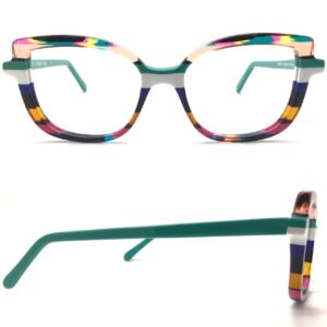 bernard shear- ophthalmic, plastic, square, eyeglasses. multicolor, clear pink, clear teal, clear yellow, with teal, white, royal blue, and pink, and teal temples. 