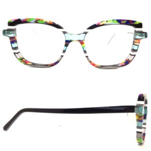 bernard shear- ophthalmic, plastic, square, eyeglasses. multicolor/pattern, multicolor splotch patterns, with black, white, grey, and clear light blue, and black and white temples 