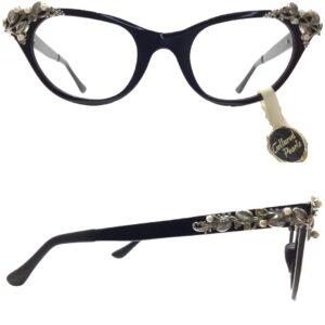 black aluminum cat eye glasses with cultured pearl trim