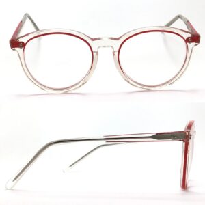 roundish crystal plastic eyeglasses with red rim trim