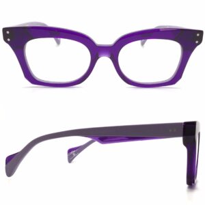 Purple rectangular eyeglasses with thick frames and silver accents for after an eye exam for after an eye exam